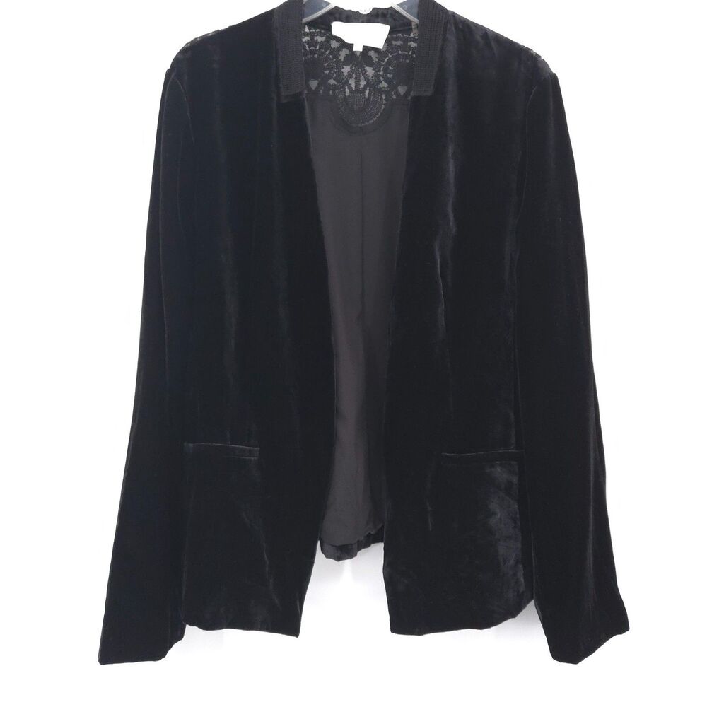 Mika Mindel black open velvet jacket blazer Size M lace long‎ sleeve Boho